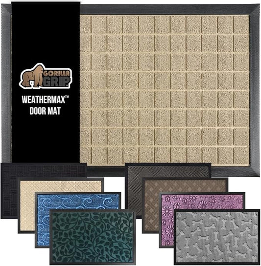 GORILLA GRIP 100% Waterproof All-Season WeatherMax Doormat US Designed Natural Rubber, Stain and Fade Resistant, Low Profile Indoor Outdoor Door Mats, Easy Clean Patio Mat, 23x35, Taupe Grid-Ruum Studio Home