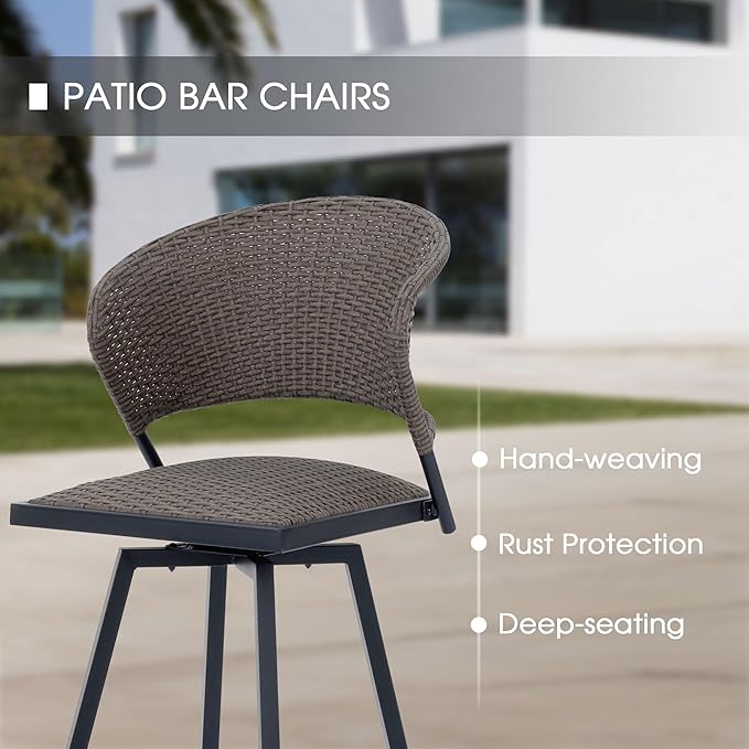 VICLLAX Patio Bar Stool Chairs with Footrests and Padded Seat, Bar Height Swivel Patio Chairs Set of 4, Brown Woven Wicker Swivel Bar Stools for Lawn Garden-Ruum Studio Home