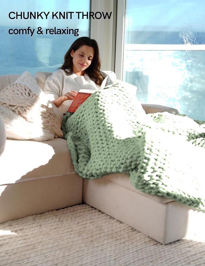 YnM Chunky Throw Blanket, Medium-Weight, Hand Knitted with Chenille Yarn, Skin Friendly, Ventilated and Breathable, Machine Washable, Home Décor Piece for Couch, Sofa and Bed (Sage Green, 50x60 Inch)-Ruum Studio Home