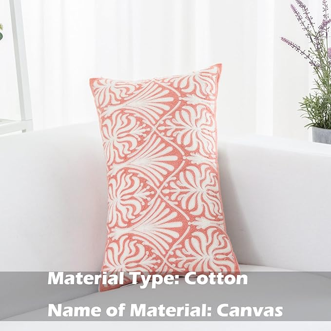 HWY 50 Pink Decorative Lumbar Pillow Cover Rectangle 12x20 Inch (1 Piece), Embroidered Cotton Farmhouse Cushion Cover Pillow Case for Sofa Couch Living Room Bed, Minimalist Floral-Ruum Studio Home
