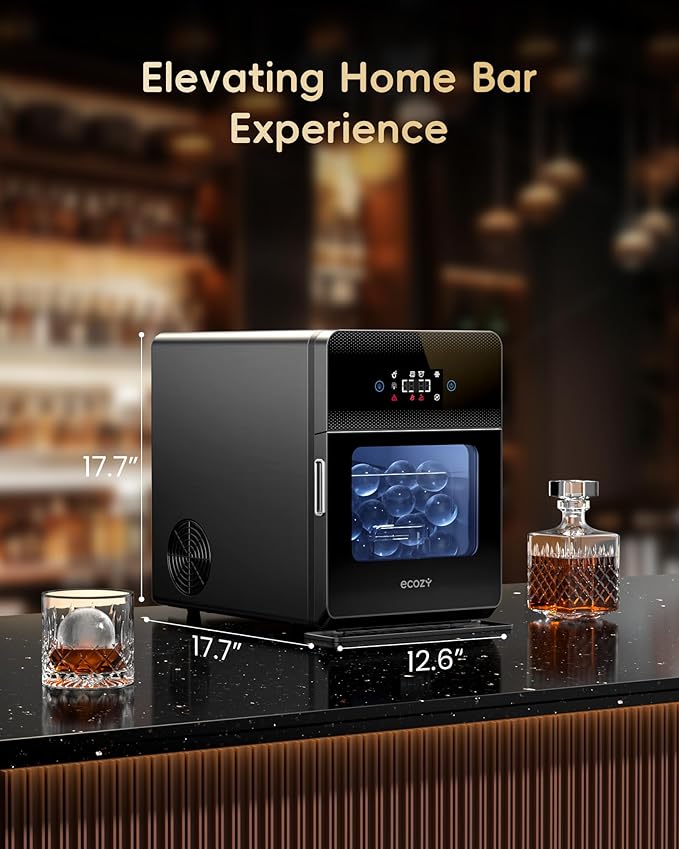 ecozy 2" Clear Ice Ball Maker with CrystalFlux Technology, 4 pcs in 40 Mins, 144 pcs/Day, Sphere Ice Maker with Enhanced Insulation, Automatic Water Supply, Self-Cleaning for Whiskey & Bourbon-Ruum Studio Home