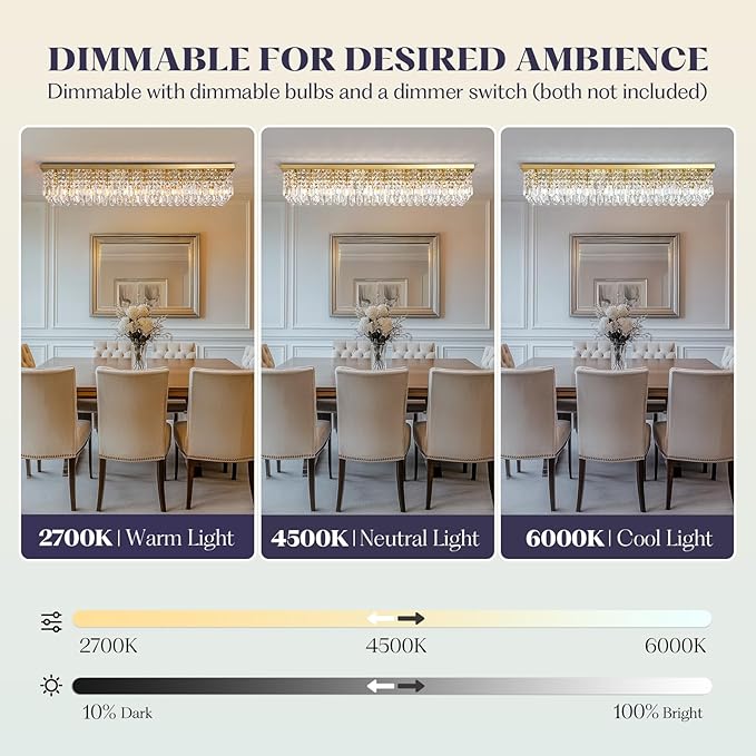 10 Lights Gold Flush Mount Rectangle Chandelier, Modern K9 Crystal Chandeliers Light Fixture Rectangular Raindrop Chandelier Pendant Island Light for Living Dining Room Kitchen Bar L47 Inch-Ruum Studio Home