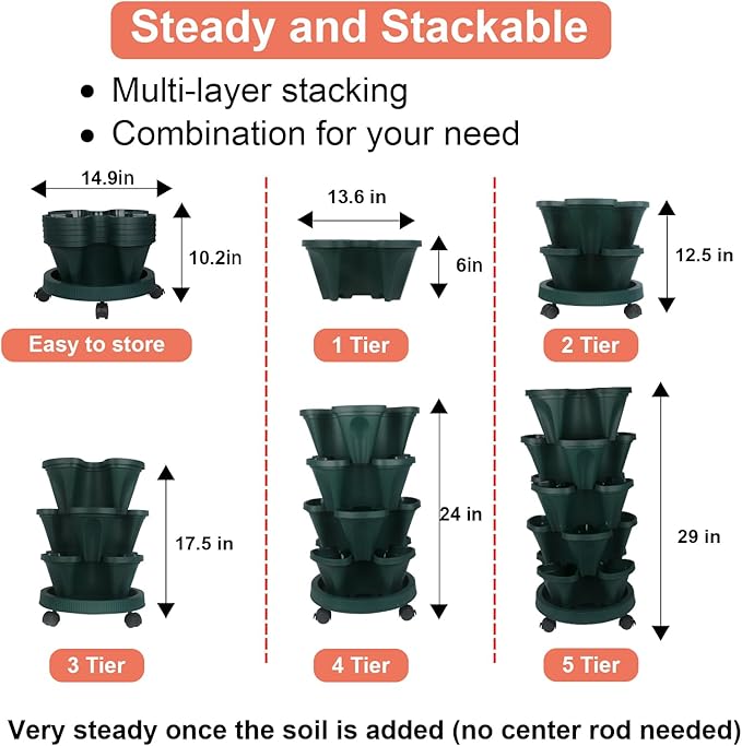 Vertical Planter 5 Tier Stackable Planters Garden Planters Strawberry Herb Flower and Vegetable Planter Indoor Outdoor Gardening Pots with Removable Wheels and Tools-Ruum Studio Home