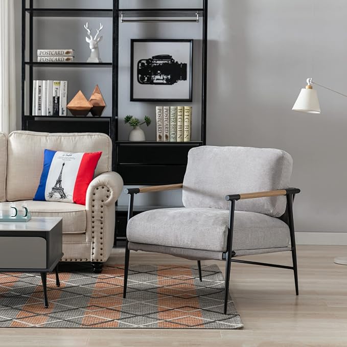 Mid-Century Accent Chair, Soft Armchair Chenille Fabric Lounge Chair with Black Metal Legs, Upholstered Leisure Chair for Living Room Bedroom Reception Room, 1PC, Grey-Ruum Studio Home
