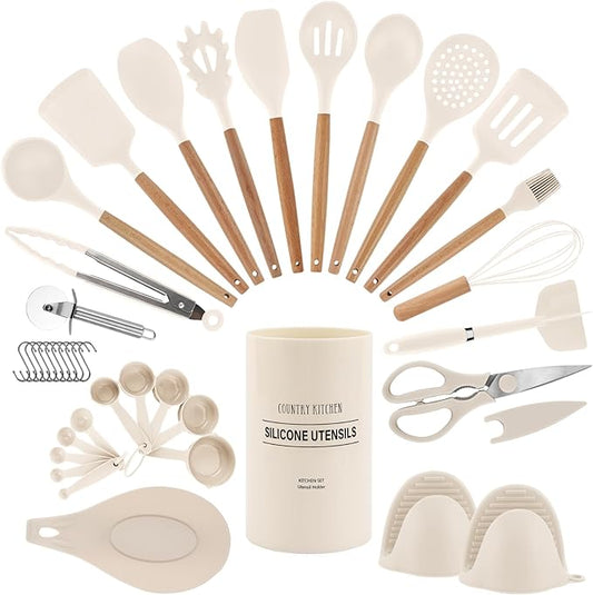 Country Kitchen Non Stick Silicone Utensil Set with Rounded Wood Handles for Cooking and Baking, 38 Piece Set, Khaki-Ruum Studio Home