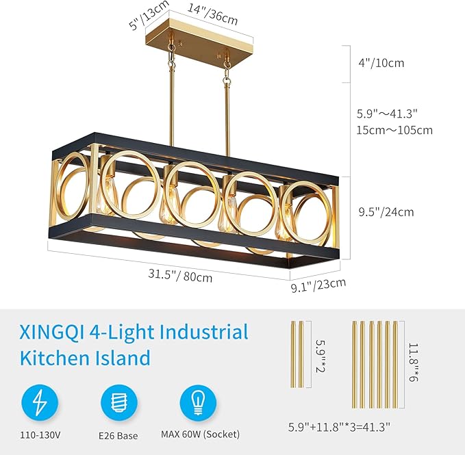 XINGQI Modern Rectangle Chandelier, Farmhouse Kitchen Island Lighting Rustic Industrial Hanging Light Fixture 4-Light Metal Linear Pendant for Dining Room Living Room Hallway, Black and Gold-Ruum Studio Home