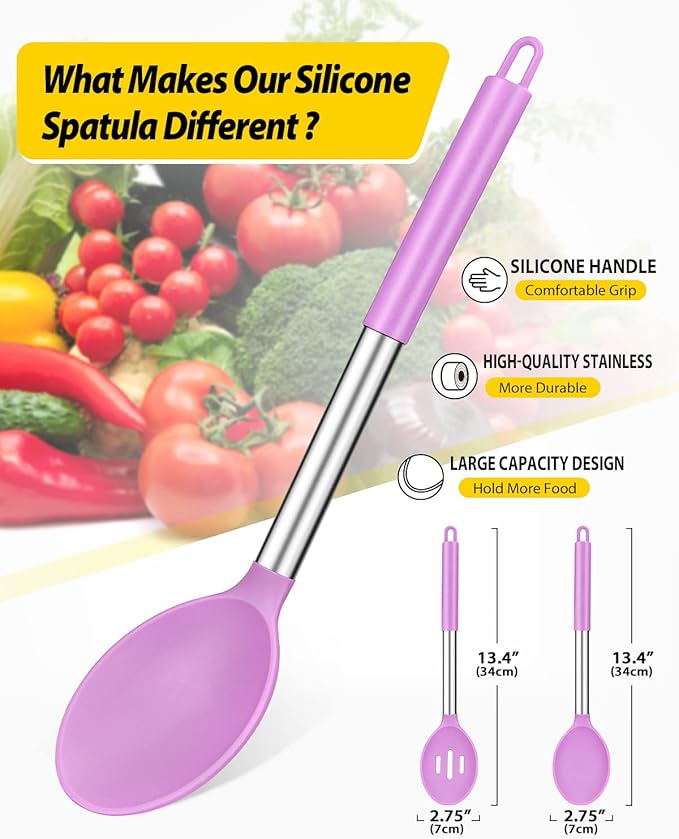 Pack of 2 Large Silicone Cooking Spoons,Non Stick Solid Basting Spoon,Heat-Resistant Kitchen Utensils for Mixing,Serving,Draining,Stirring (PURPLE)-Ruum Studio Home