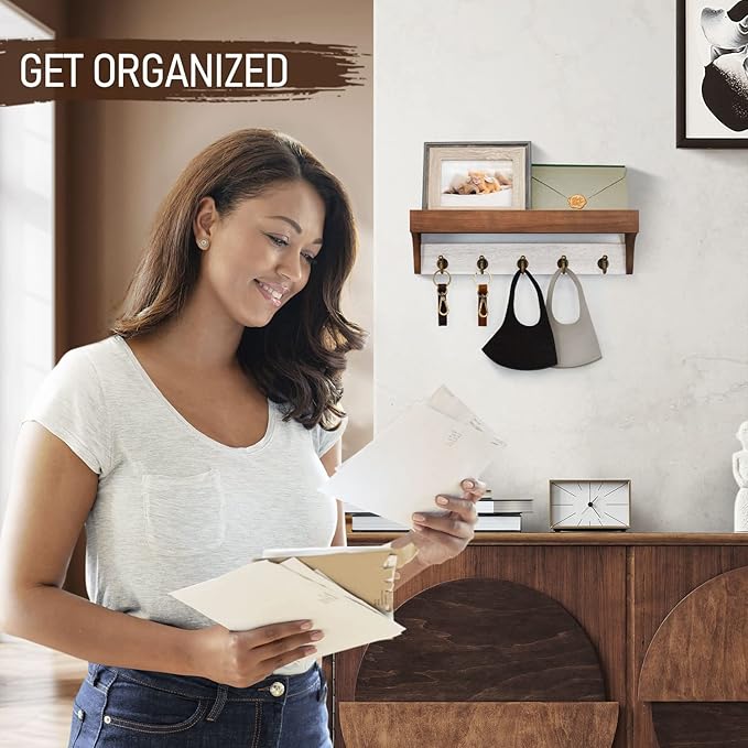 Rebee Vision Key Holder for Wall with Shelf - Farmhouse 2-Color Key Rack with 5 Retro Keys Hooks and Primitive Wood Mail Organizer Wall Mount - Decorative Rustic Home Decor (Brown & White)-Ruum Studio Home