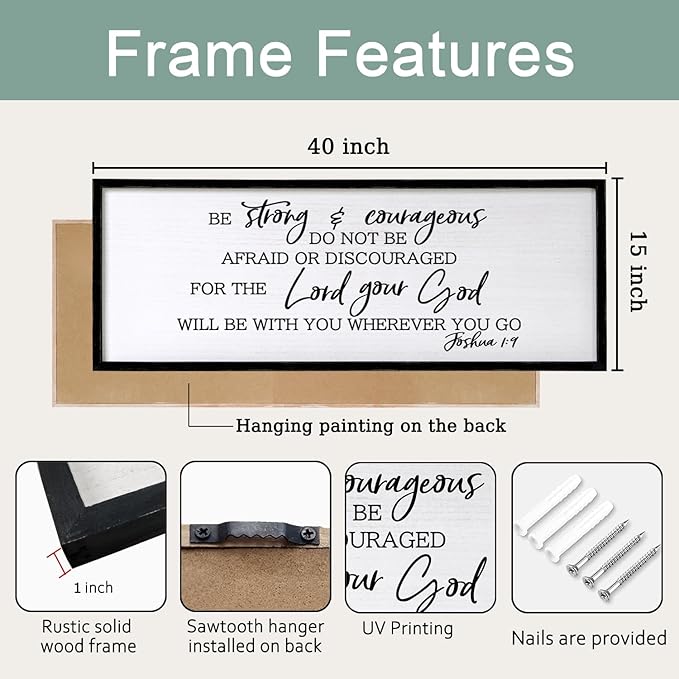 Be Strong And Courageous Sign Bible Verse Framed Wall Art, 40''×15'' Rustic Religious Christian Proverbs 3:5-6 Sign, Horizontal Holy Inspirational Catholic Scripture Decor-Ruum Studio Home