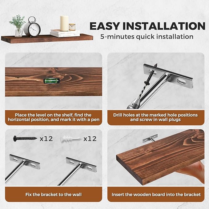 Floating Wall Shelves 3-Pack - 24-Inch Rustic Brown Wooden Shelves for Storage and Décor, Easy Installation for Living Room, Bedroom, and Kitchen-Ruum Studio Home