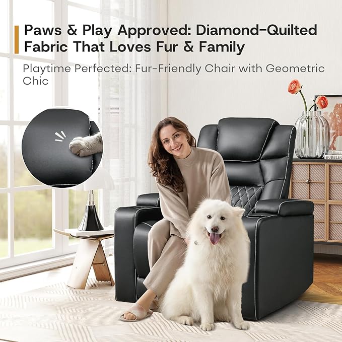 ANJ Power Recliner Chair with USB Port, Electric PU Leather Home Theater Seating for Living Room, Movie Reclining Chairs with Blue Ambient Lighting, Hidden Arm Storage, Cup Holders (Black)-Ruum Studio Home