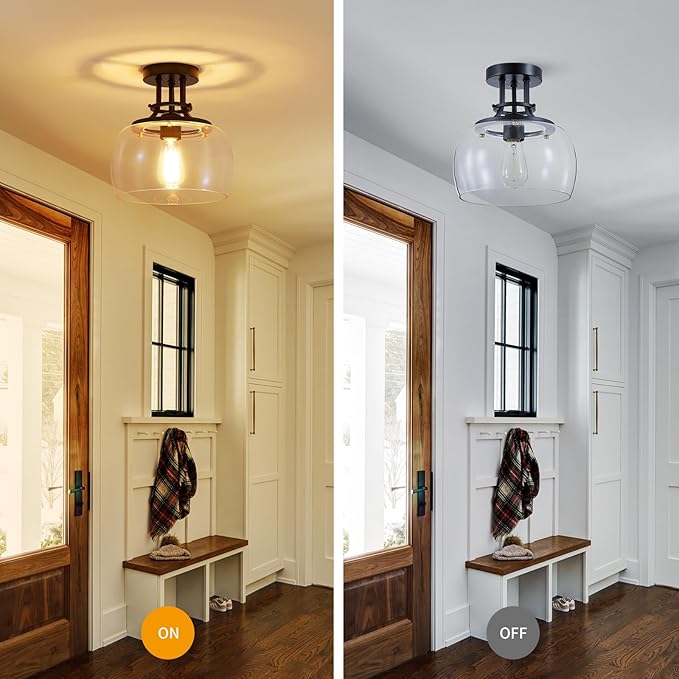 WUZUPS Chandelier Rustic Farmhouse Industrial Round Semi-flushmount Ceiling LED Light Fixture with Clear Glass Shades for Bathroom Kitchen Foyer Entryway, H 10" x W 10", E26 Base, Black-Ruum Studio Home