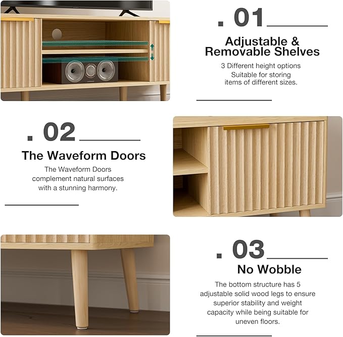 TV Stand for Living Room, Boho Entertainment Center for 55/60/65 inch TVs, Media Console with Fluted Door Cabinets and Open Shelves, for Bedroom, Oak-Ruum Studio Home