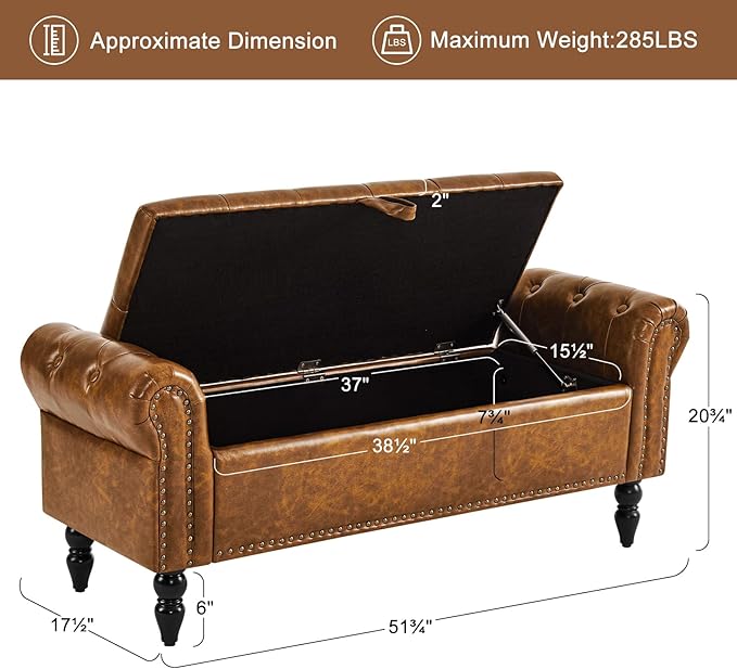 Furniliving Storage Ottoman Bench, Leather Benches End of Bed Bench with Solid Wood Legs Upholstered Ottoman Bench with Storage Indoor Bench for Living Room with Rolled Arm, Entryway, YellowBrown-Ruum Studio Home