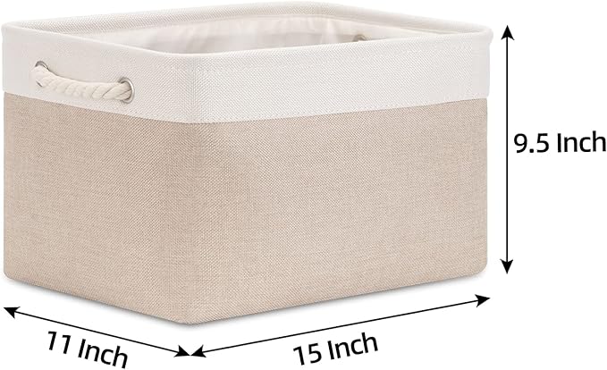 Bidtakay Large Fabric Baskets with Handles [3-Pack] Collapsible Storage Basket for Shelves 15 X 11 X 9.5 inches Canvas Bins for Closet Organization (White&Beige)-Ruum Studio Home