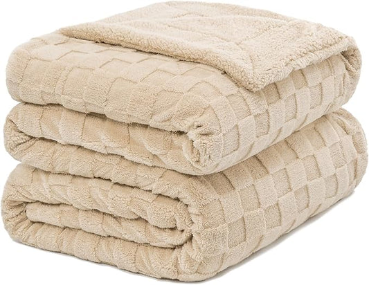 Pawque Super Soft Cozy Throw Blanket King Size for Couch Bed, Fluffy Sherpa Fleece Reversible Thick Warm Fuzzy Blanket for All-Season, 3D Checkered Jacquard Decorative Blankets, Khaki, 108"x90"-Ruum Studio Home
