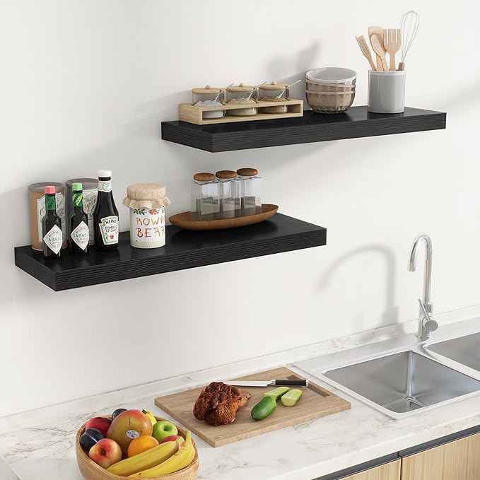 Fun Memories Floating Shelves for Wall, 32 Inch Long Floating Shelves Set of 2, 32 x 10 Wooden Shelves for Wall, Large Storage Shelves, Hanging Shelves for Bathroom Kitchen Bedroom, Black-Ruum Studio Home