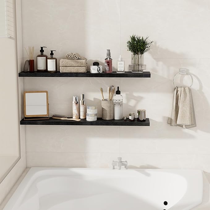 Floating Shelves for Wall, 40 Inch Floating Shelves for Home Decor, Wall Mounted Rustic Wood Shelves, Bathroom, Hanging Deep Shelf for Bedroom, Living Room, Kitchen (Black, Set of 2)-Ruum Studio Home
