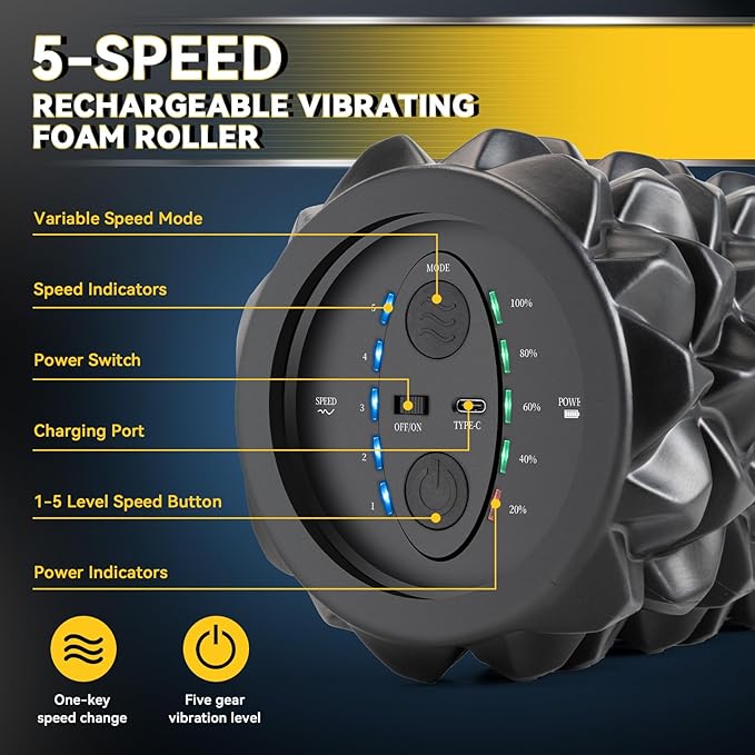 Vibrating Foam Roller, High Density Massage Muscle Roller Back Roller Foam for Back Pain Relief & Muscle Recovery and Physical Therapy, 5-Speed Rechargeable Exercise Roller, 2 Modes-Ruum Studio Home