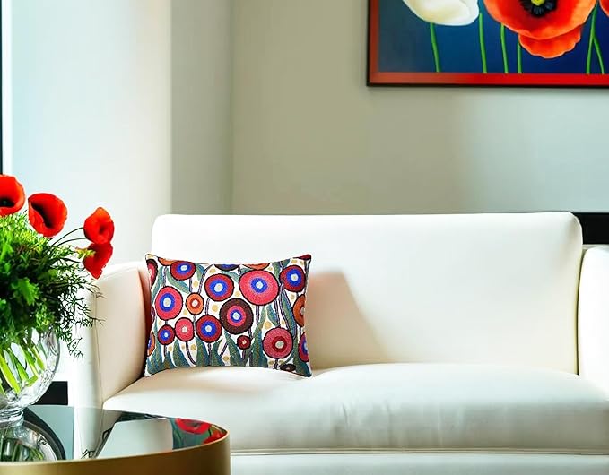Cream Lumbar Poppy Floral Pillow Cover Red Poppies Flower Pillows White Farmhouse Chair Cushion Floral Cream Hand Embroidered Size 14x20-Ruum Studio Home