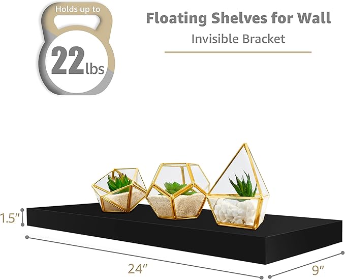 Sorbus Floating Shelves for Wall - 24" Bathroom Shelves, Wall Decor for Bedroom, Kitchen, Living Room, Home Decor & Book Storage - Mounted Floating Shelf with Invisible Brackets (Black, 3 Pack)-Ruum Studio Home