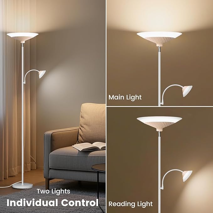 Torchiere Floor Lamp with Wood Grain Shade, 72" Dimmable LED Standing Lamp with Remote, 2-in-1 Floor Reading Lamp with Color Changing, 34W White Corner Lamp for Living Room Bedroom Office-Ruum Studio Home