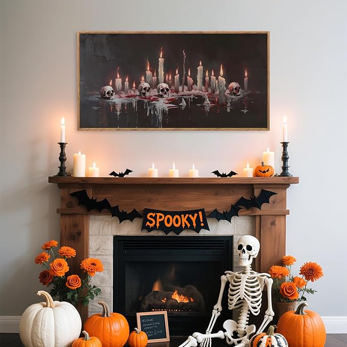 Aurlan Gothic Bloody Skull and Candles Framed Wall Art(40"x20"), Large Horror Dark Academia Halloween Skeleton Canvas Artwork, Modern Goth Spooky Creepy Ghost Decor for Home Office Bedroom-Ruum Studio Home
