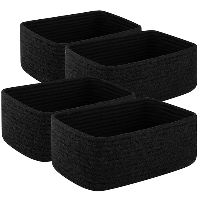 4 Pack Small Storage Shelf Baskets for Organizing, Mini Woven Rope Storage Bins for Towels, Cute Decorative Closet Organizer，Baby Nursery, Gift Empty Baskets -13''Lx8.66''Wx5.11''H-Black-Ruum Studio Home