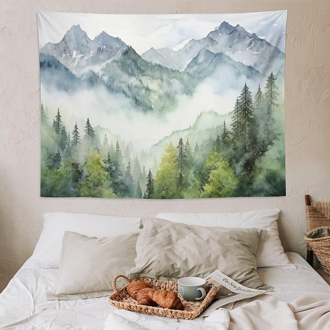 HZOHNAGO Mountain Tapestry Misty Green Forest Mountain Pattern Printed Wall Tapestry Wall Hanging for Bedroom Living Room Dorm 80" W x 60" H-Ruum Studio Home
