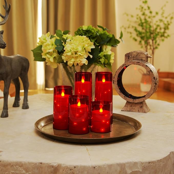 Homemory Acrylic Flameless Candles with Embedded Star String Fairy Lights, Battery Operated Candle, LED Candles, Fake Candles with Remote Control and Timer, Red, Set of 5(H4 5" 6" 8" 8")-Ruum Studio Home