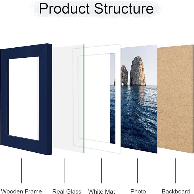 5x7 Picture Frame Set of 4, 5 x 7 Wood Photo Frames with Mat for 4x6, Natural Wooden Frame with Real Glass Cover for Wall and Tabletop Display,Blue-Ruum Studio Home