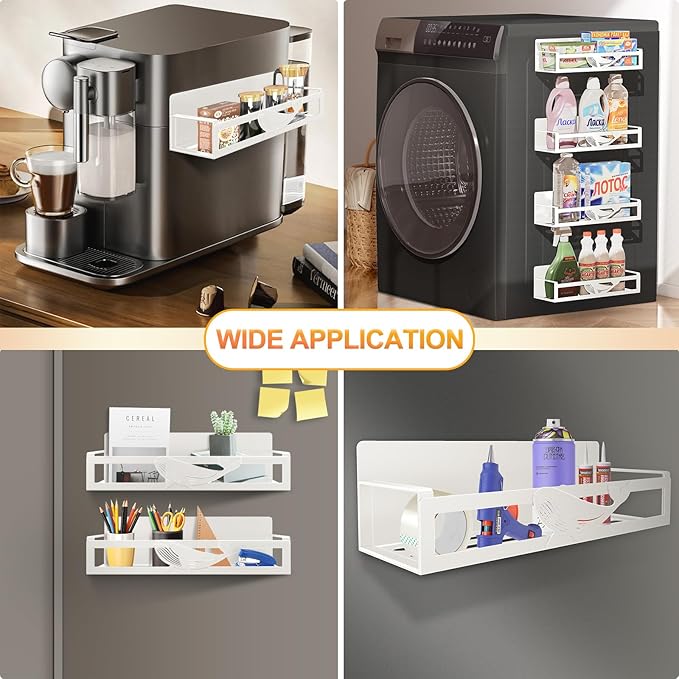Magnetic Spice Rack for Refrigerator, 4-Pack Metal Seasoning Organizer for Kitchen Storage Organization, Space Saving Magnetic Shelf for Fridge, Pantry, Laundry Room, White-Ruum Studio Home