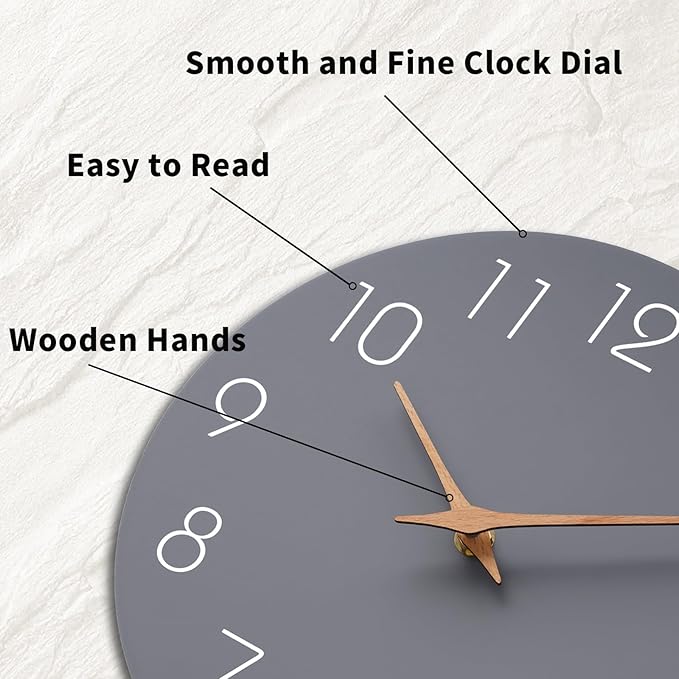 Mosewa Wall Clock 12 Inch Gray Silent Non Ticking Battery Operated Modern Simple Wooden Clock Decorative for Kitchen Home Bedroom Bathroom Office Living Room-Ruum Studio Home