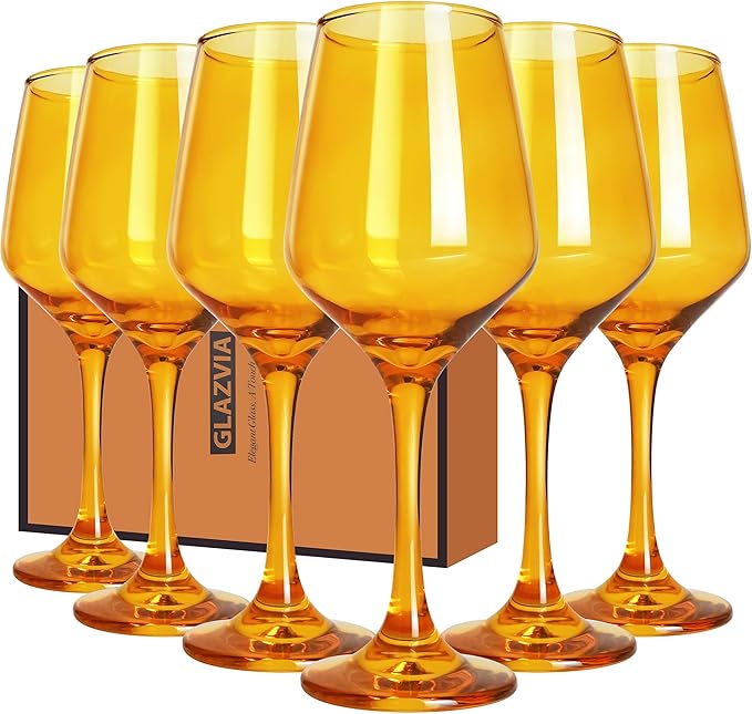 Amber Wine Glasses Set of 6-12oz Amber Long Stem Wine Glass Cups, Pretty Crystal Glassware, Hand Blown Goblets Drinkware, Unique Drinking Stemware Holiday Gift Set-Ruum Studio Home