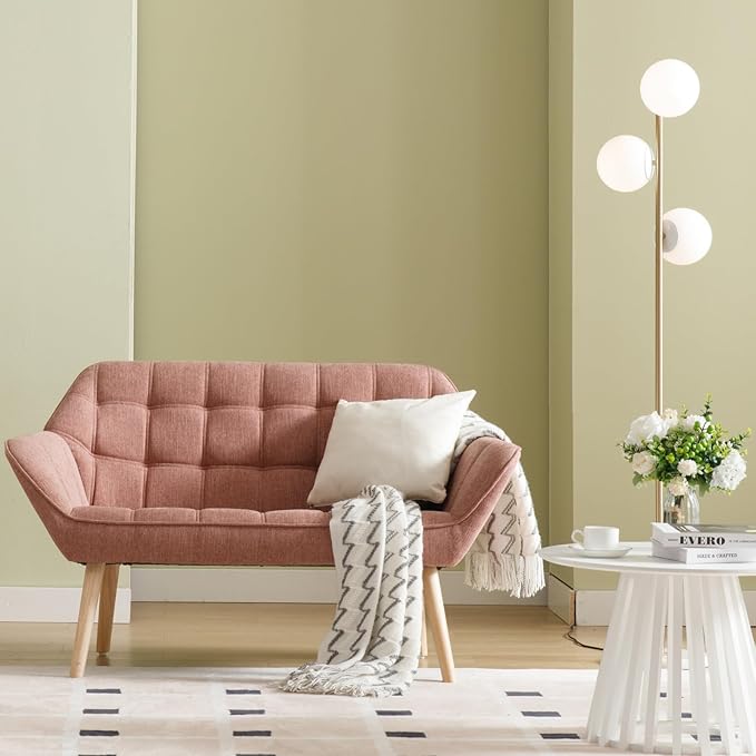 48”Small Loveseat Sofa, Modern Linen Upholstered Mini Couch 2-Seater Fluffy Love Seat with Quilting Backs and Wood Legs for Small Space Living Room, Bedroom, Pink-Ruum Studio Home