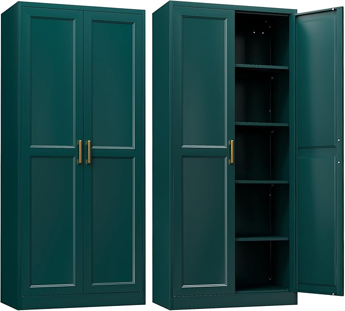 Kitchen Pantry Cabinet,71”Green Metal Pantry Storage Cabinets with Doors and 4 Adjustable Shelves,Kitchen Cabinet with 2 Gold Handles,Tall Cabinet for Livingroom, Bathroom-Ruum Studio Home