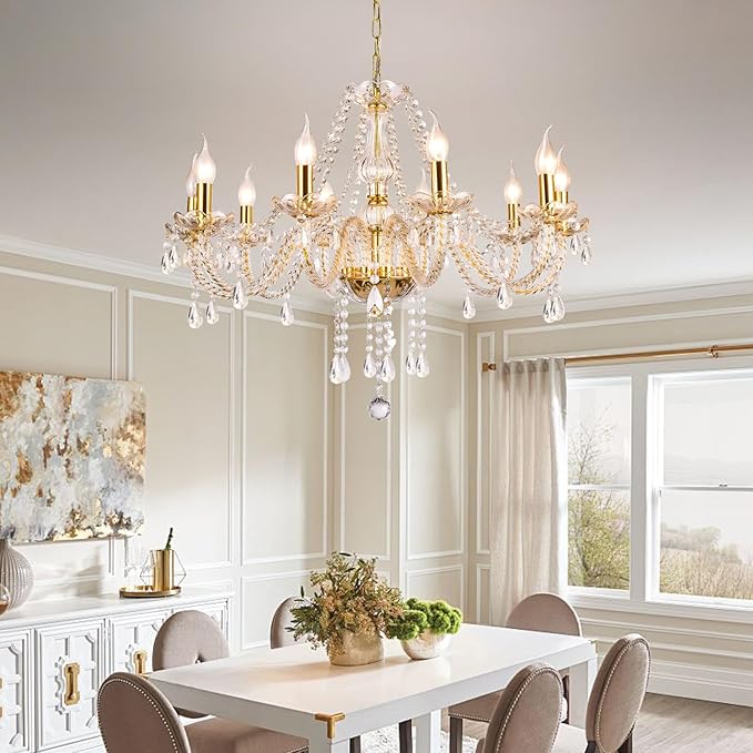 Modern Elegant 10 Lights K9 Crystal Glass Chandelier Golden Pendant Ceiling Lighting European Style for Dining Living Room Bedroom Transparent, 10 E12 Bulbs Required-Ruum Studio Home