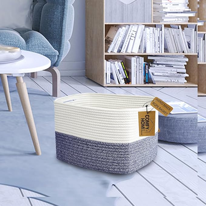 COMFY-HOMI 3 Pack Medium Cotton Rope Basket with Handles for Shelves, Dog Toy, Baby, Gift Organizing, Handwoven Craft - New Generation 13.5" x 11" x 9.5" (Navy Blue)-Ruum Studio Home
