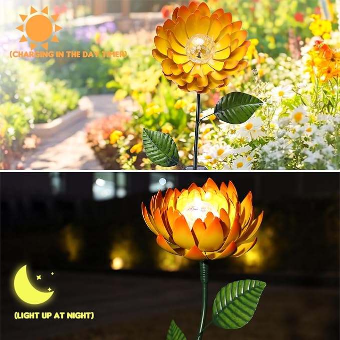 VCUTEKA Solar Garden Lights Metal Flower Decor Colorful Yellow Flowers Solar Pathway Light with LED Cracked Crystal Ball Outdoor Decorative Stake for Patio Yard Lawn-Ruum Studio Home
