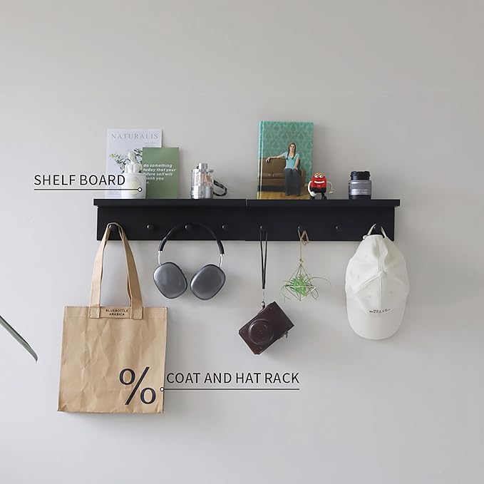 Entrance Coat Rack ，Coat Hooks, Wall-Mounted Wooden Hook Rack, Wall-Mounted Shelves are Very Suitable (Black Finish-2)-Ruum Studio Home