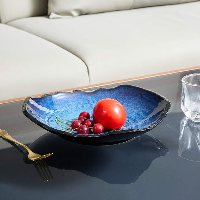 Ceramic Decorative Dish, Large Blue Pottery Decorative Bowl, Porcelain Centerpiece Tray, Key Bowl, Gift Decor Tray for Tabletop Entryway Table Living Room Dining(12'' Dish)-Ruum Studio Home