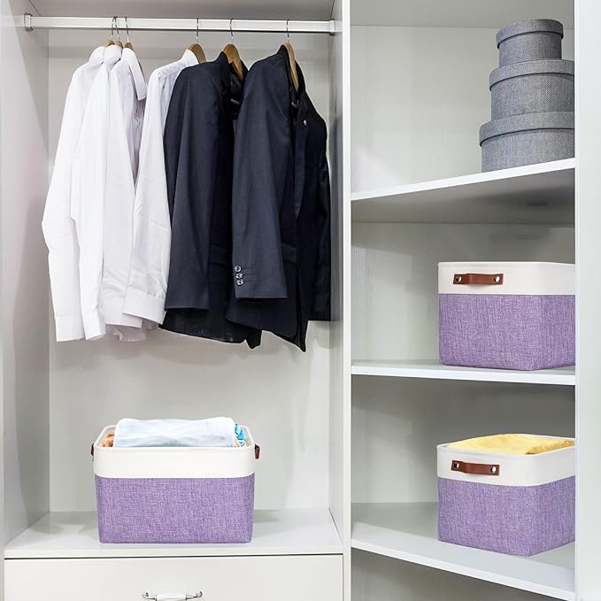 Storage Bins Large Fabric Storage Baskets for Shelves 3 Pack, Decorative Linen Closet Baskets with Handles for Organizing, Shelf, Clothes, Home, Office, 15x11x9.5Inches (Purple&White)-Ruum Studio Home