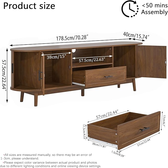 70" Fluted TV Stand for Tvs up to 80", Mid-Century Modern Entertainment Center with Drawers and Fluted Doors, Curved TV Media Console Table with Sliding Doors for Living Room, Bedroom (70")-Ruum Studio Home