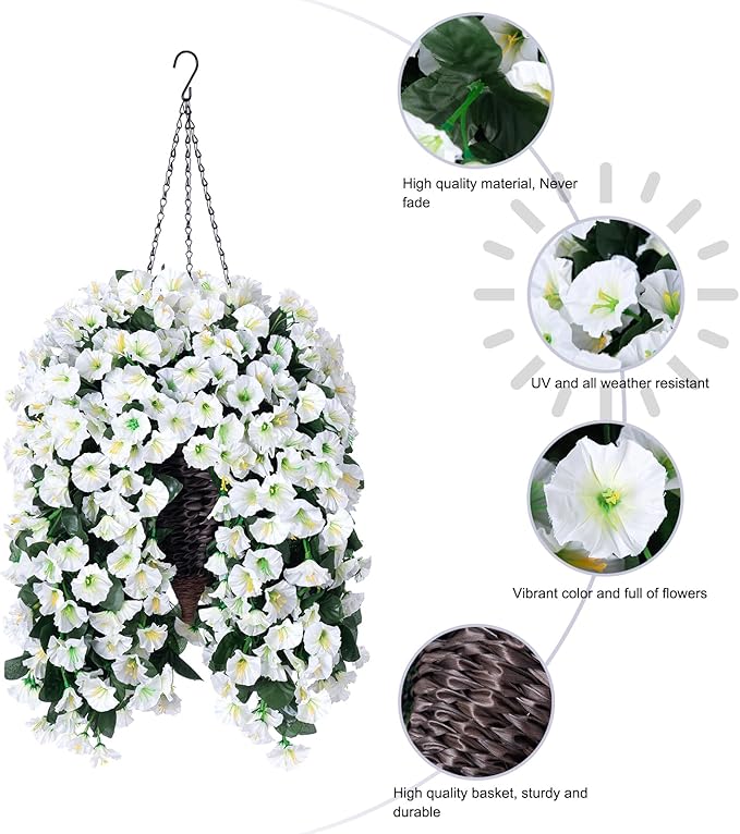 Artificial Faux Hanging White Flowers Plants Basket for Outdoor Outside, Fake UV Resistant Realistic White Morning Glory Flowers for Porch Home Balcony Yard Patio Decoration-Ruum Studio Home