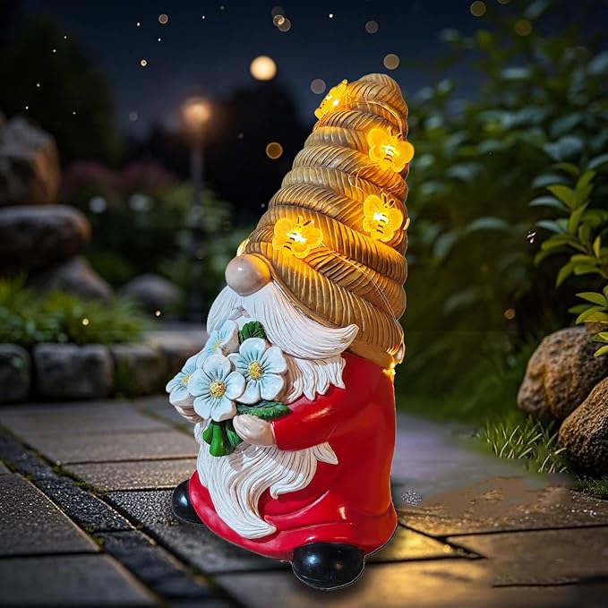 Outdoor Garden Gnomes Statue, Bee Flower Gnome Sculpture, with Solar LED Lights for Yard, Patio, Lawn Ornaments for Garden, Patio Gnome Gifts for Mom-Ruum Studio Home