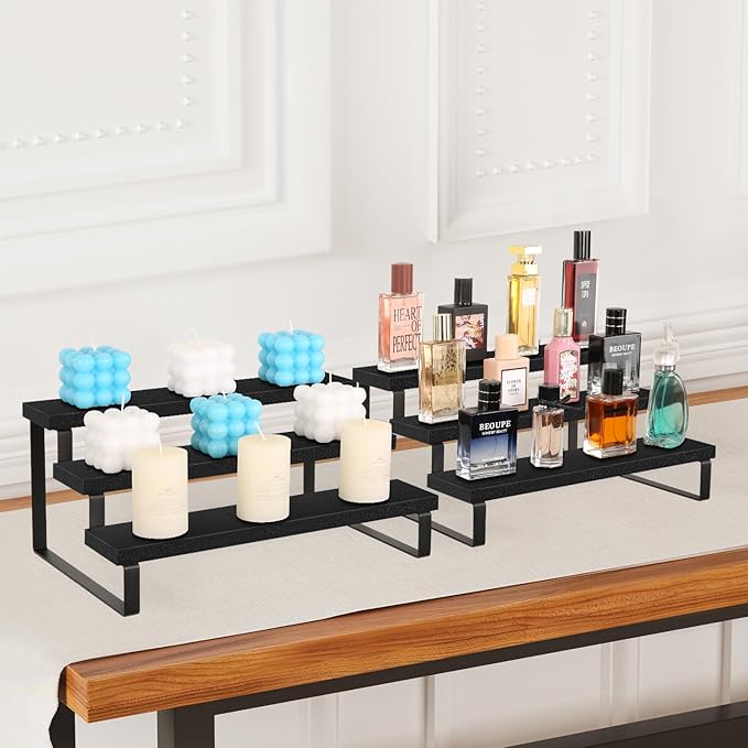 YINMIT Wooden Display Riser Stand, Tiered Perfume and Cologne Organizer Stand, 3 Tier Spice Rack Organizer, Rustic Display Shelf for Candles (3 Tier,2Pack,Black)-Ruum Studio Home