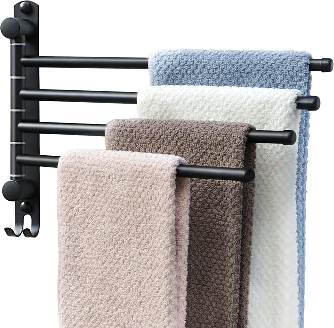 Black Towel Rack JSVER Swivel Towel Rack Wall Mounted, SUS304 Stainless Steel Towel Bar, 4 Arms Space Saving Towel Holder, Towel Racks for Bathroom-Ruum Studio Home