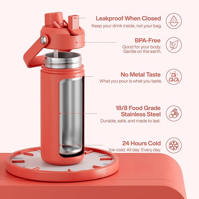 Insulated Water Bottle with Straw Stainless Steel Water Bottle, Leak-Proof, BPA-Free, Double Wall Vacuum Keeps Cold for 24 Hours for Sports, Travel, School (18 oz, Tawny Orange)-Ruum Studio Home