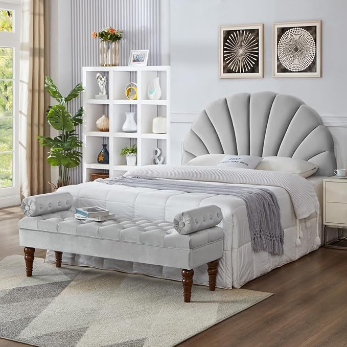24KF Stunning Crown Design Queen Headboard, Upholstered Soft Velvet Petal Pattern Headboard Queen/Full-Q-Gray-Ruum Studio Home