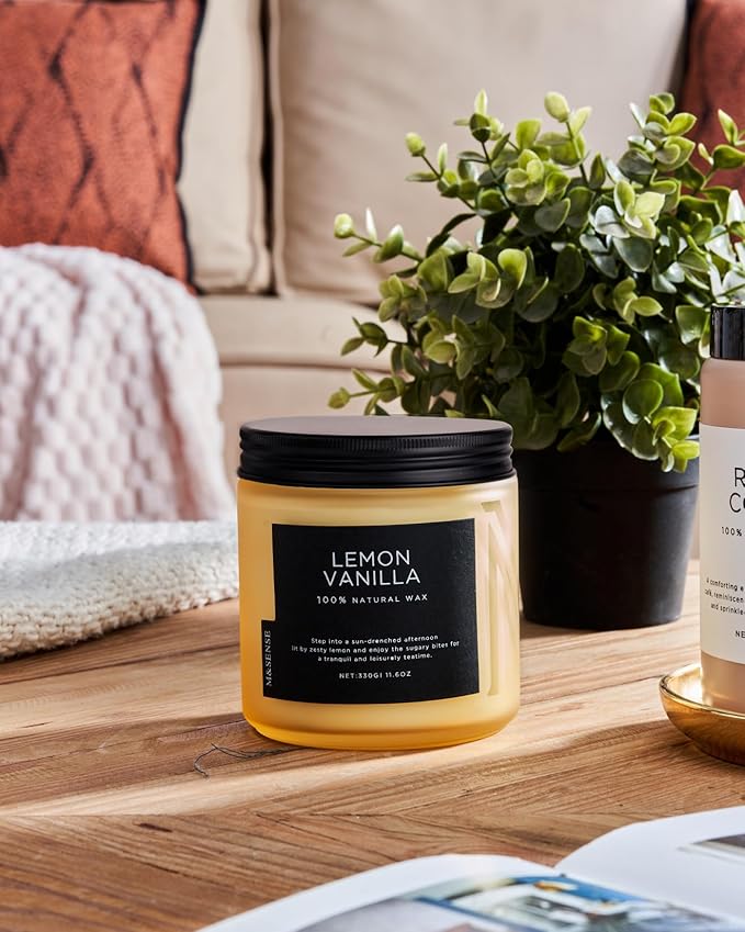 M&SENSE Candles Lemon Vanilla Scented, 11.6oz 70 Hour Long Lasting Candles for Home, 2 Wick Natural Soy Wax in Glass Jar, Stress Relief Gifts for Women and Men-Ruum Studio Home